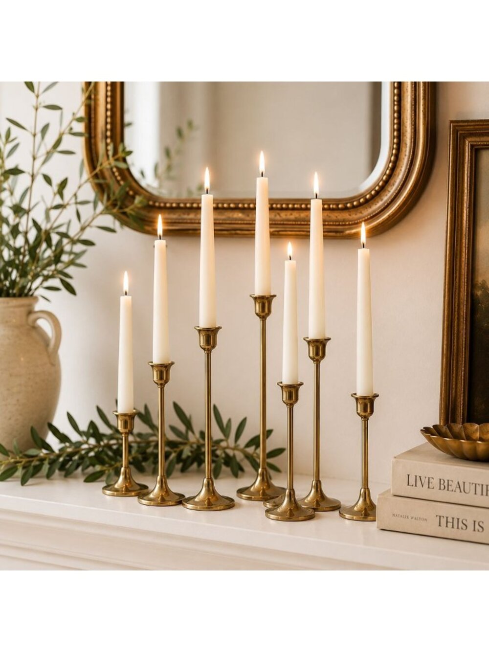 Vintage Graduated Brass Taper Candle Holders Set of 6 Elegant Mantel Decor